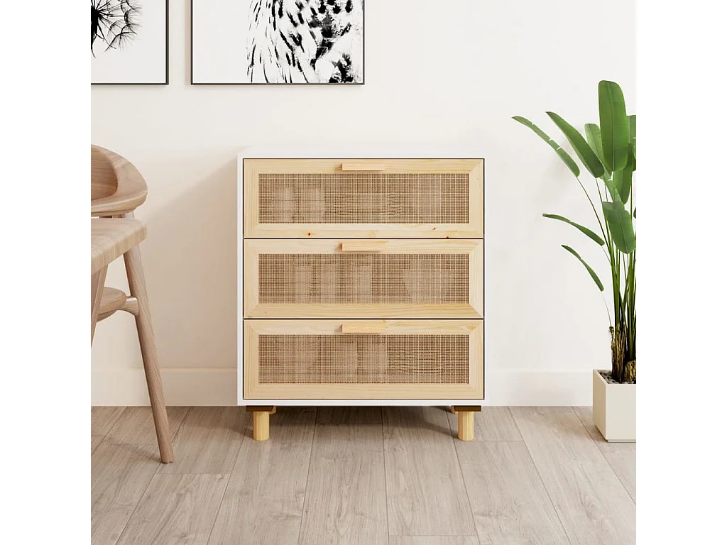 Buffet Blanc 60x30x70 cm Bois de pin massif et rotin naturel