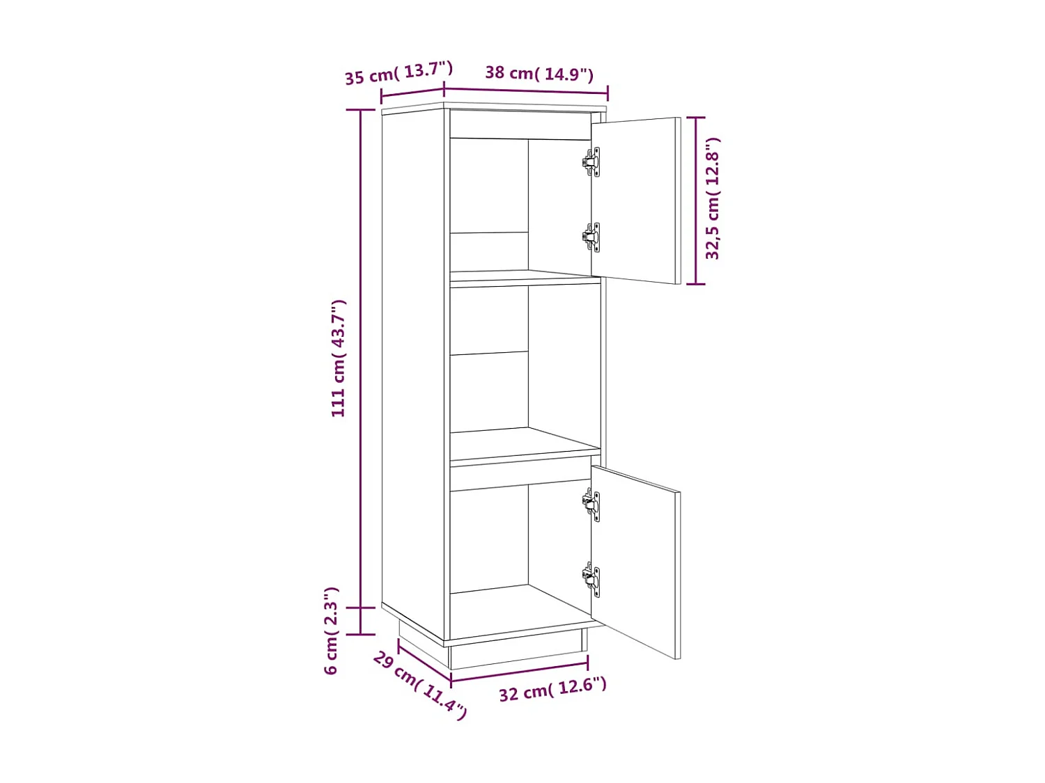 Buffet haut Blanc 38x35x117 cm Bois massif de pin