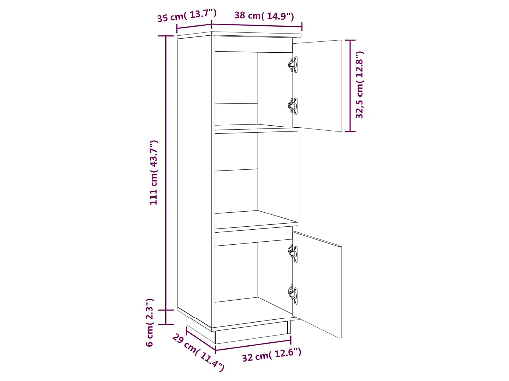 Credenza Bianca 38x35x117 cm in Legno Massello di Pino