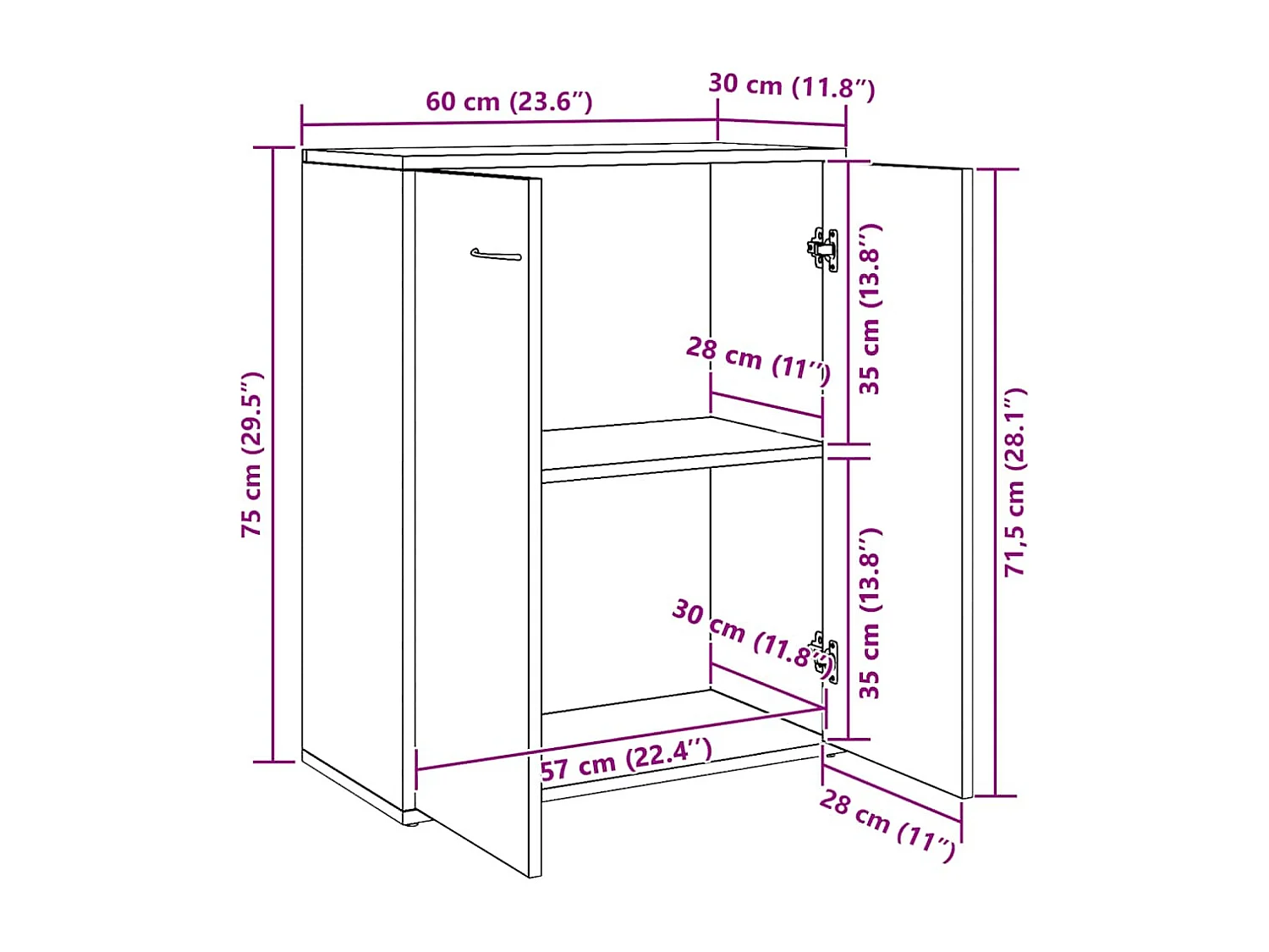 Dressoir 60x30x75 cm bewerkt hout wit