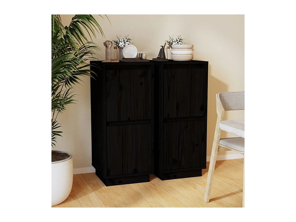 Credenze 2 pz Nero 31,5x34x75 cm in Legno Massello di Pino