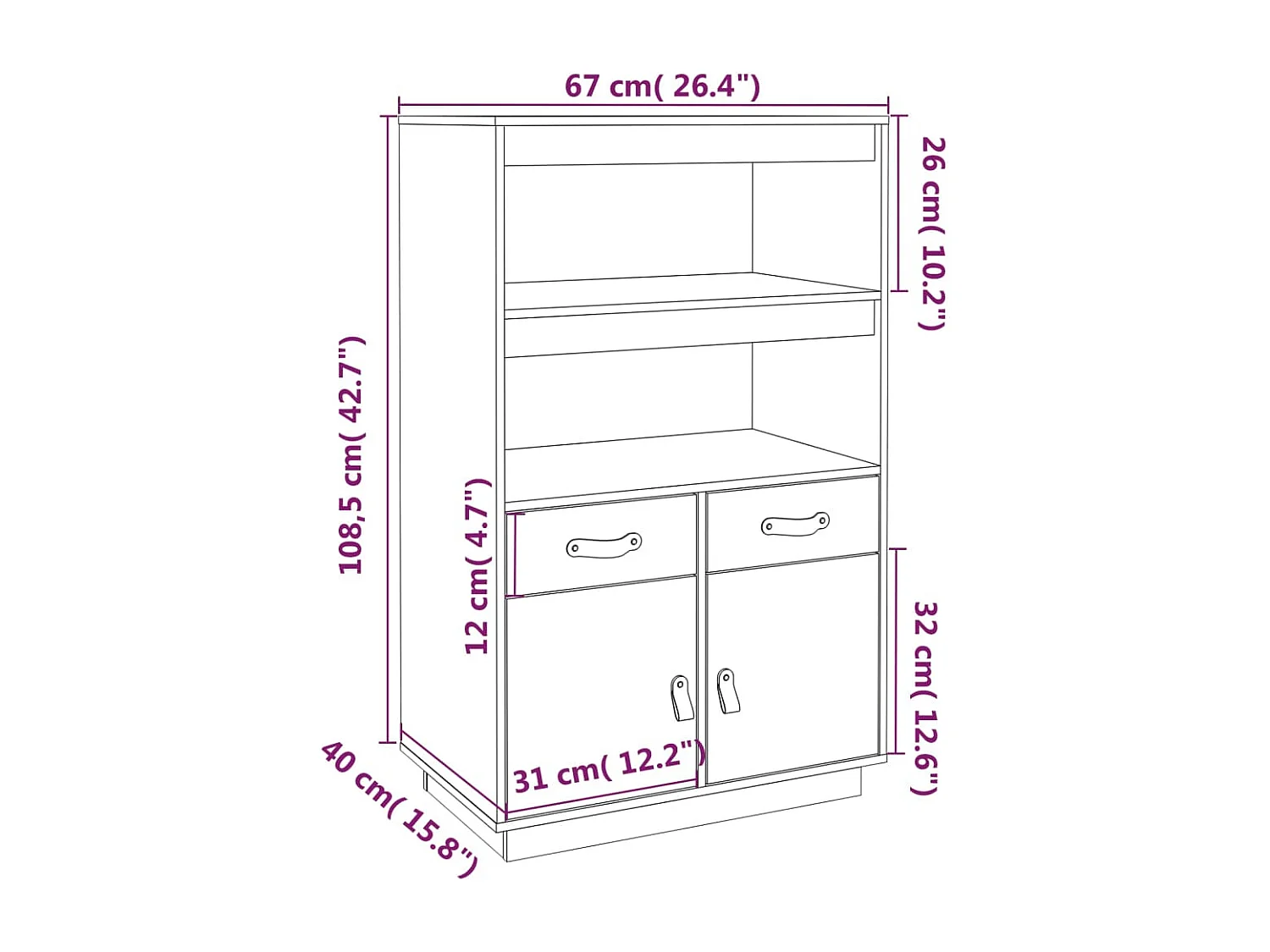 Aparador de madera maciza de pino negro 67x40x108,5 cm
