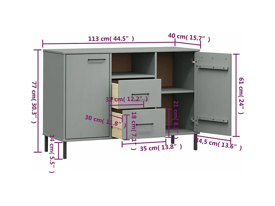 Aparador con patas metal OSLO madera maciza gris 113x40x77 cm