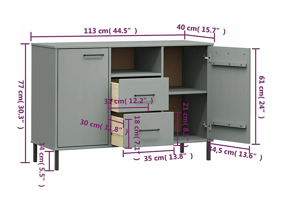 Sideboard OSLO mit Metallbeinen Grau 113x40x77 cm Massivholz