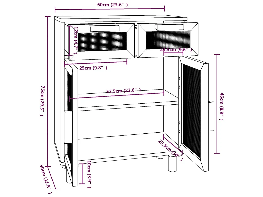 Dressoir 60x30x75 cm massief grenenhout en rattan wit