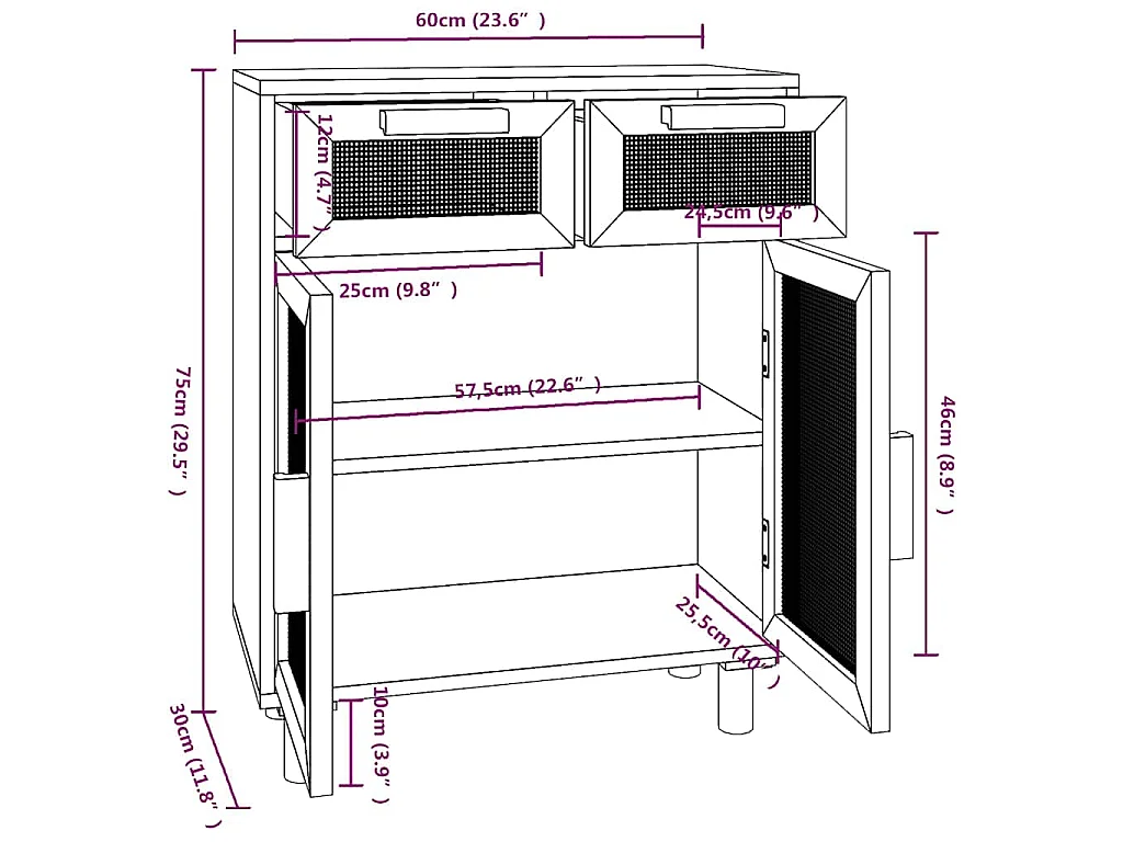 Dressoir 60x30x75 cm massief grenenhout en rattan wit