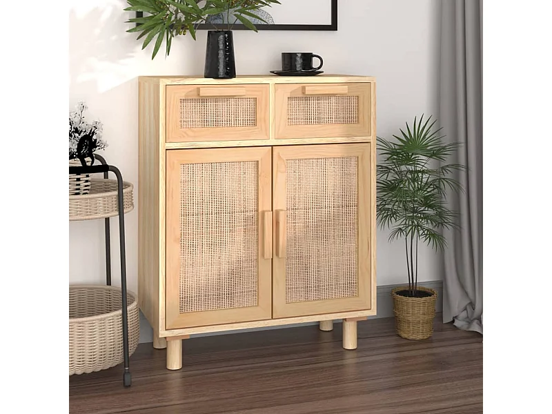Sideboard Braun 60x30x75 cm Massivholz Kiefer und Natur-Rattan