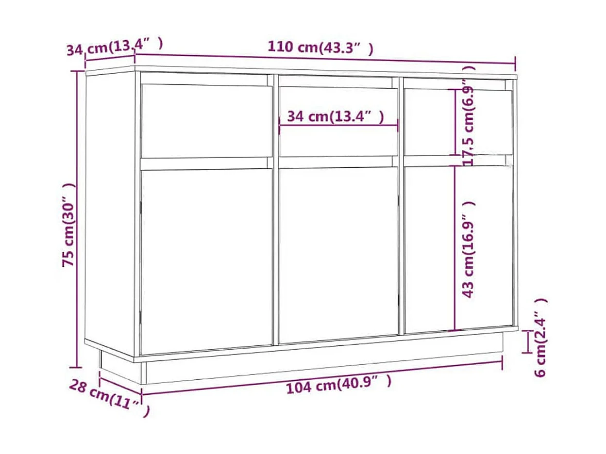 Aparador de madera maciza de pino blanco 110x34x75 cm
