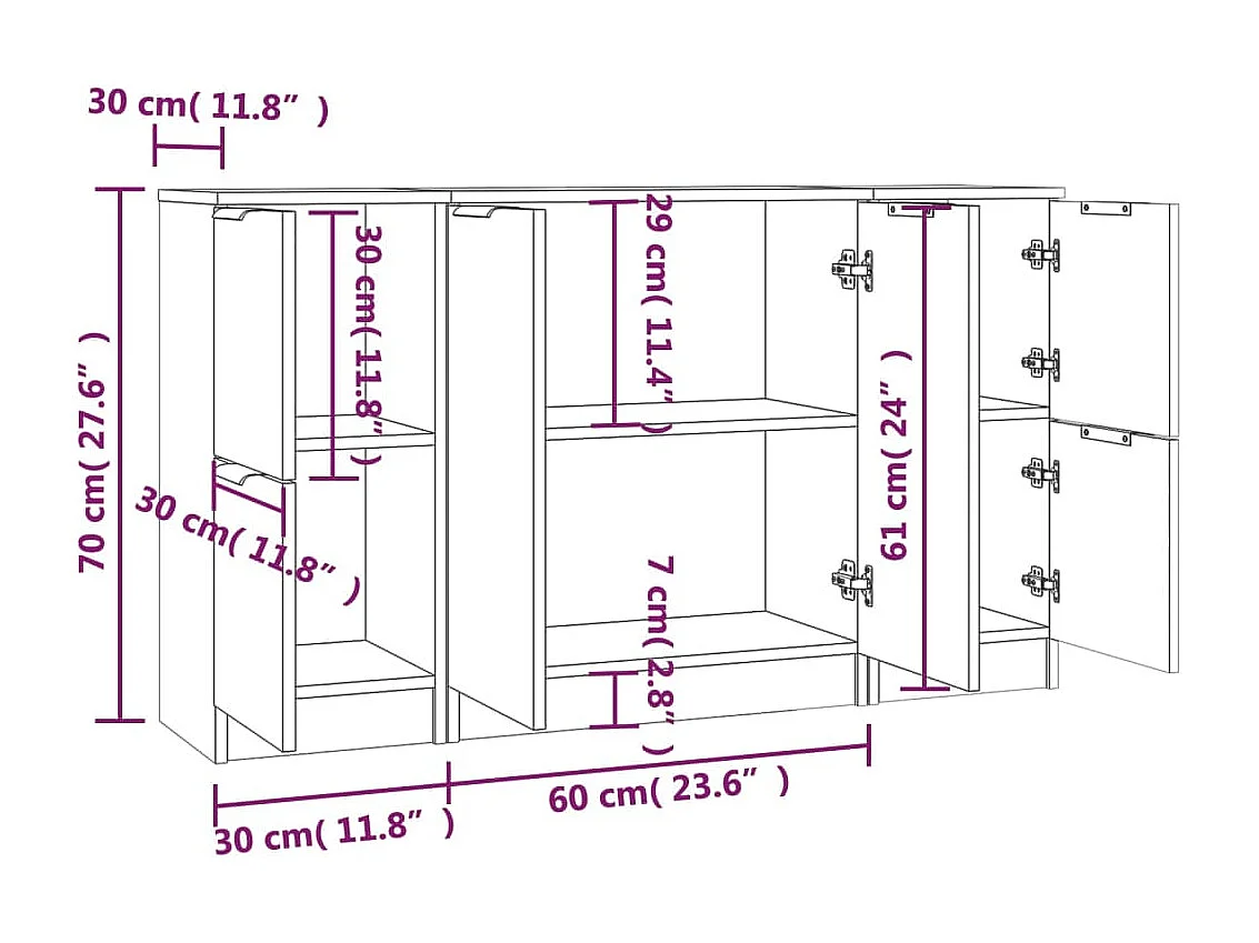 Dressoirs 3 st bewerkt hout hoogglans wit