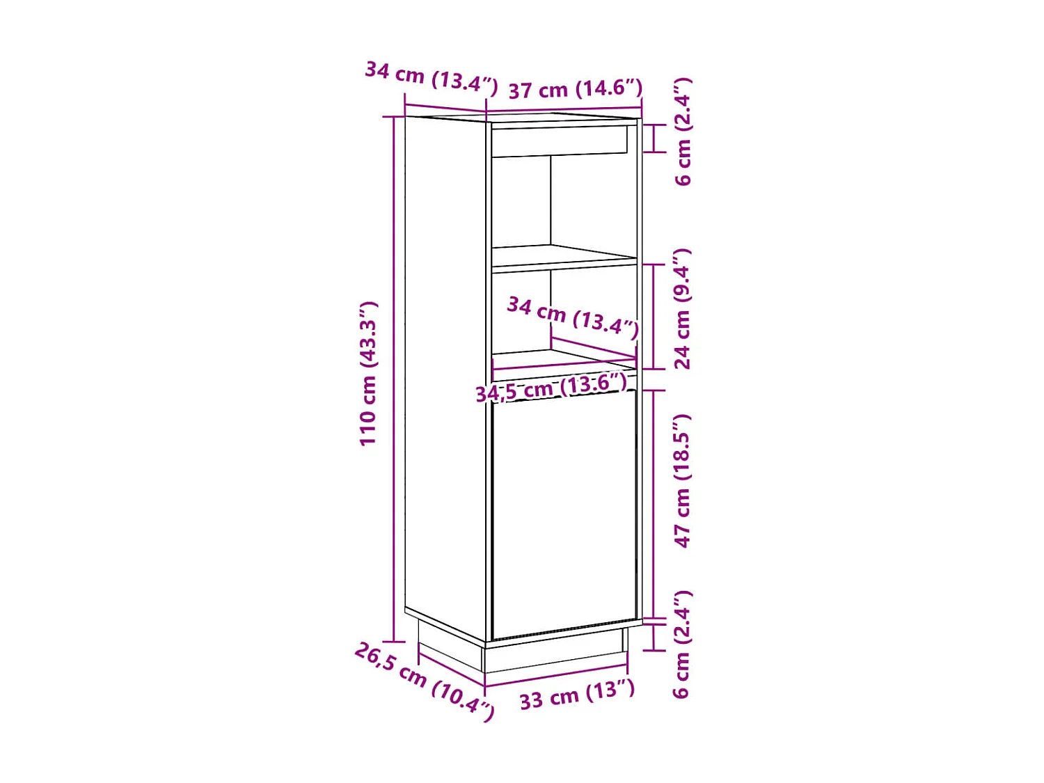 Highboard Grau 37x34x110 cm Massivholz Kiefer