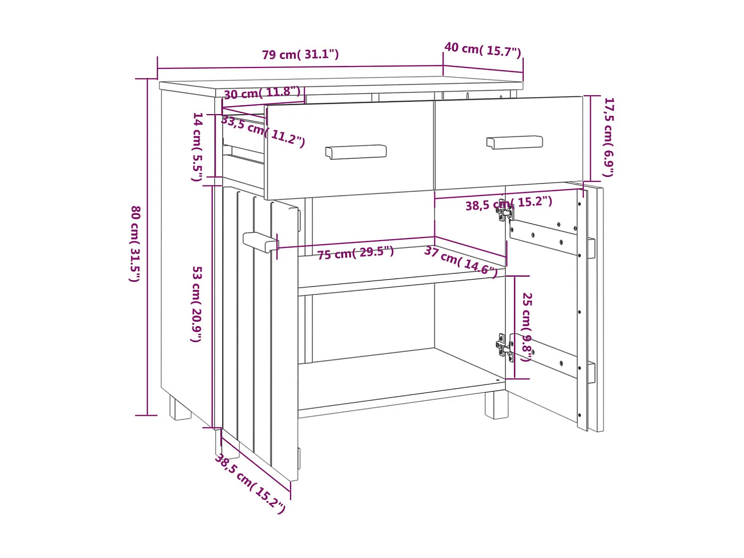 Buffet HAMAR Gris clair 79x40x80 cm Bois massif de pin