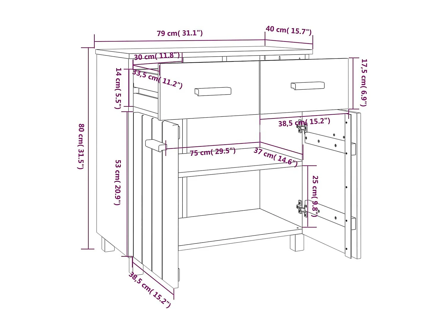 Buffet HAMAR Gris clair 79x40x80 cm Bois massif de pin