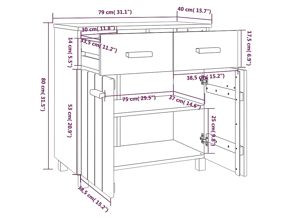 Dressoir HAMAR 79x40x80 cm massief grenenhout lichtgrijs