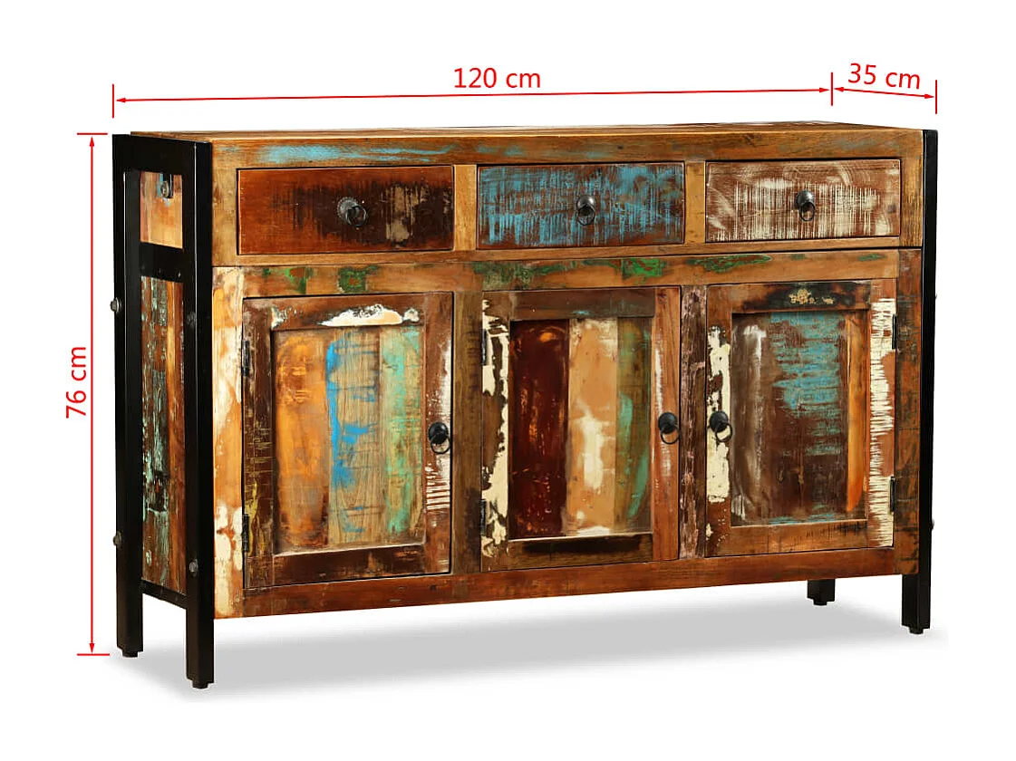 Bufet z recyklingowanego litego drewna 120x35x76 cm, 3 szuflady i przegródki, styl vintage, ręcznie wykonany, ekologiczny