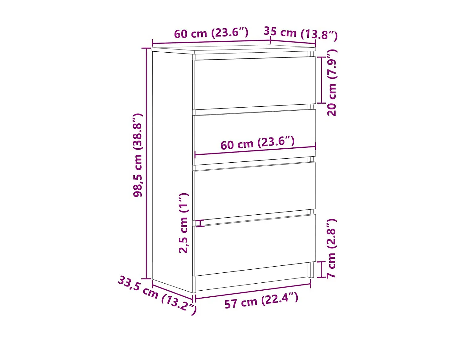 Aparador de madera contrachapada blanco 60x35x98,5 cm