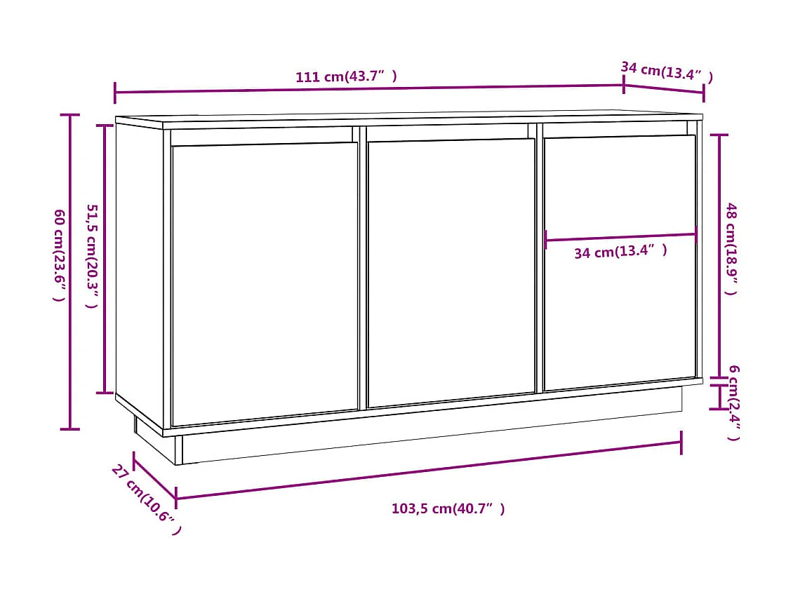 Aparador de madera maciza de pino 111x34x60 cm