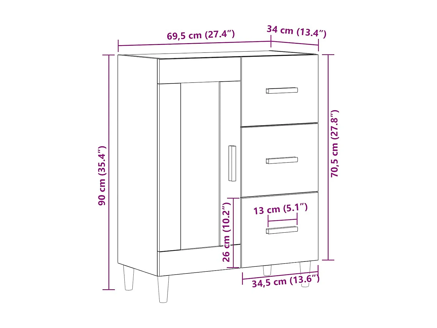 Dressoir 69,5x34x90 cm bewerkt hout wit