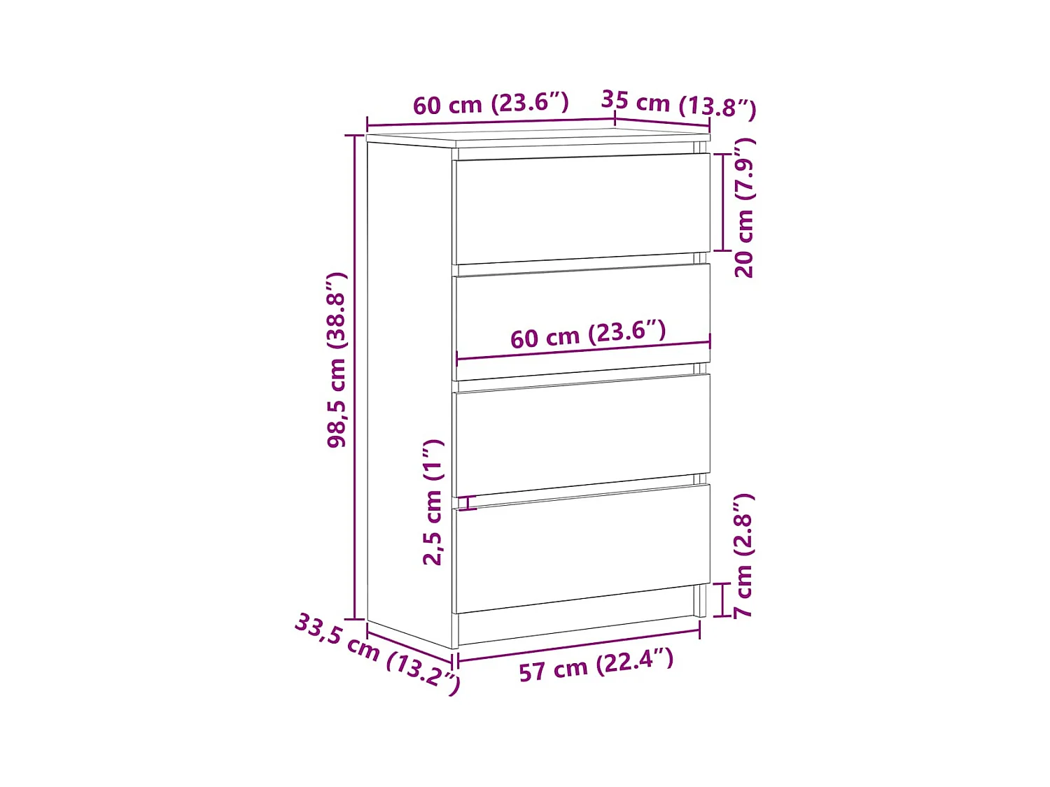 Aparador de madera contrachapada blanco brillante 60x35x98,5 cm