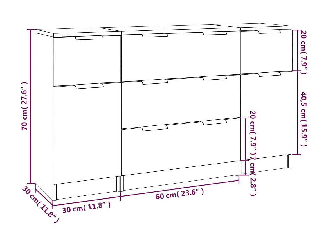 Ensemble de buffets 3 pcs Gris béton Bois d'ingénierie