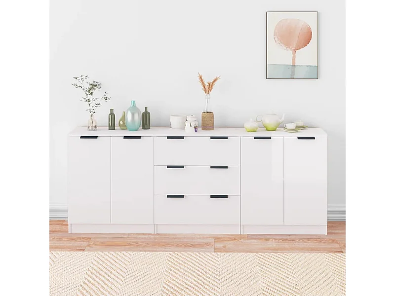 Buffets 3 pcs blanc brillant bois d'ingénierie