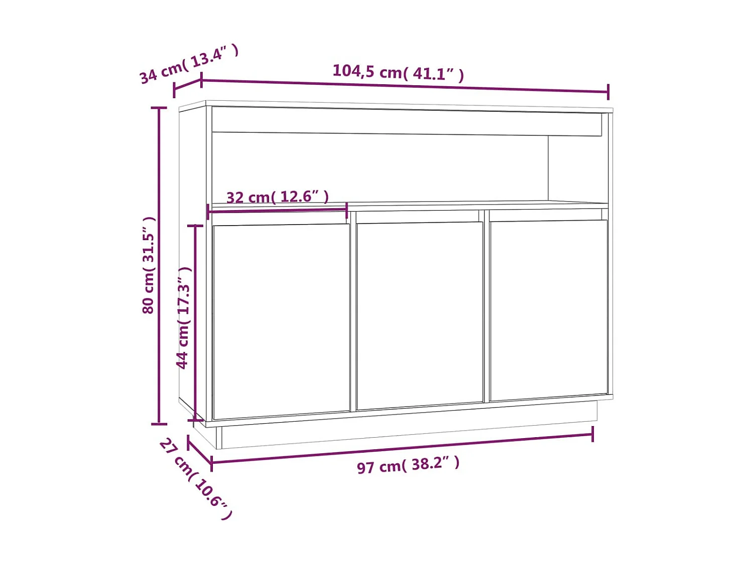 Dressoir 104,5x34x80 cm massief grenenhout