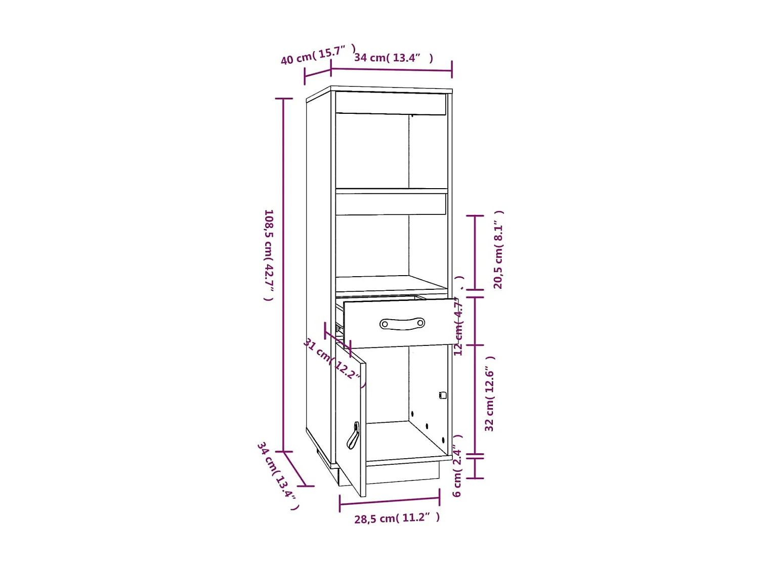 Hoge kast 34x40x108,5 cm massief grenenhout honingbruin