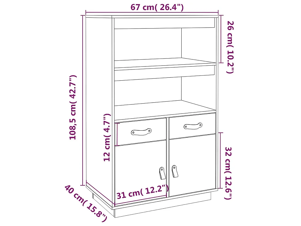 Highboard Weiß 67x40x108,5 cm Massivholz Kiefer