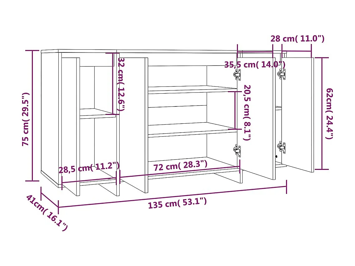 Dressoir 135x41x75 cm bewerkt hout gerookt eikenkleurig