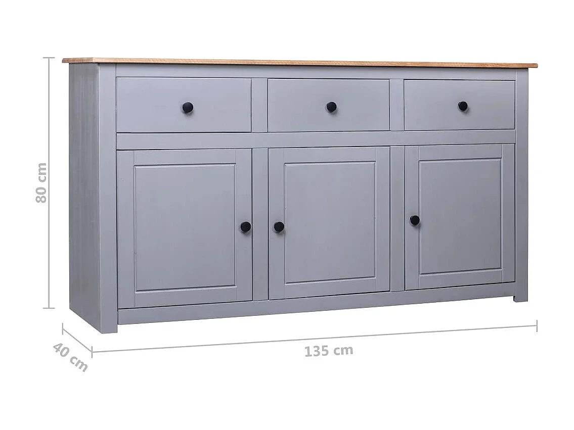 Credenza Grigia 135x40x80 cm in Legno Massello di Pino Panama