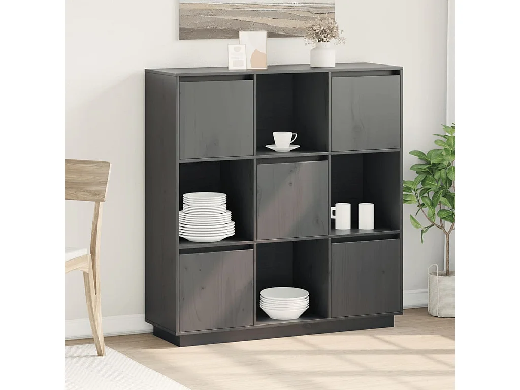Credenza Grigia 110,5x35x117 cm in Legno Massello di Pino