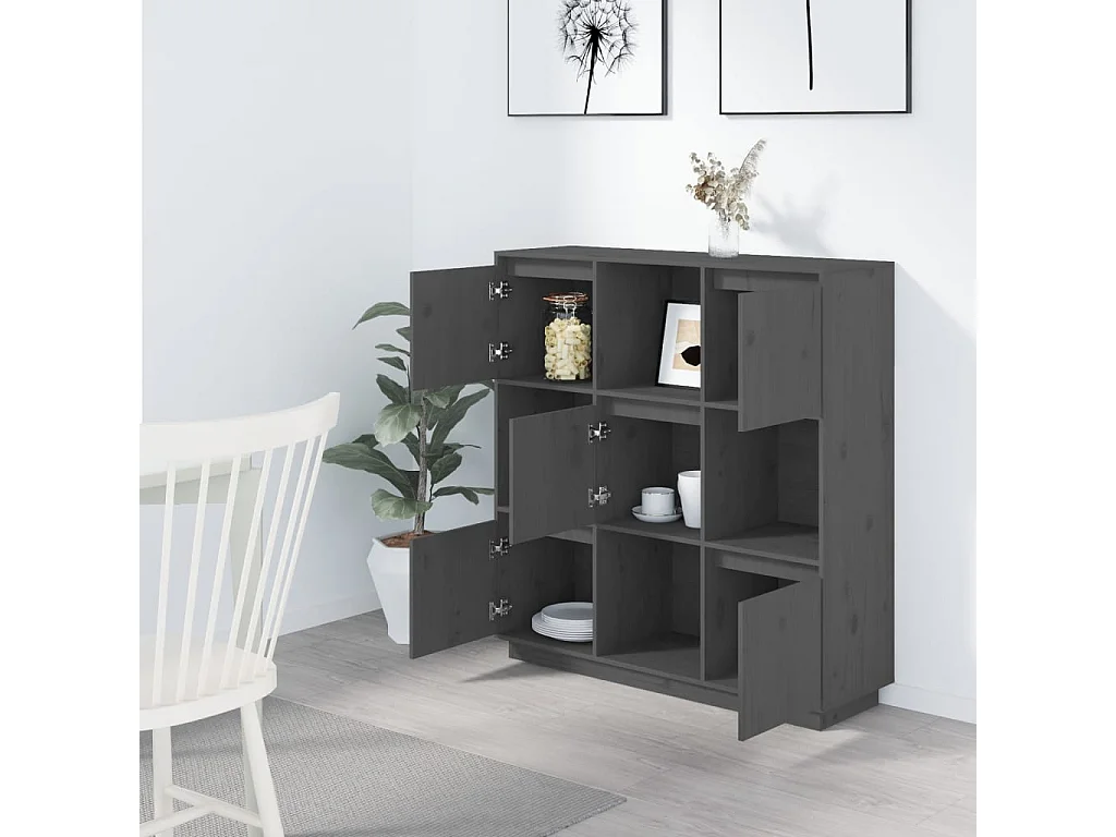 Credenza Grigia 110,5x35x117 cm in Legno Massello di Pino