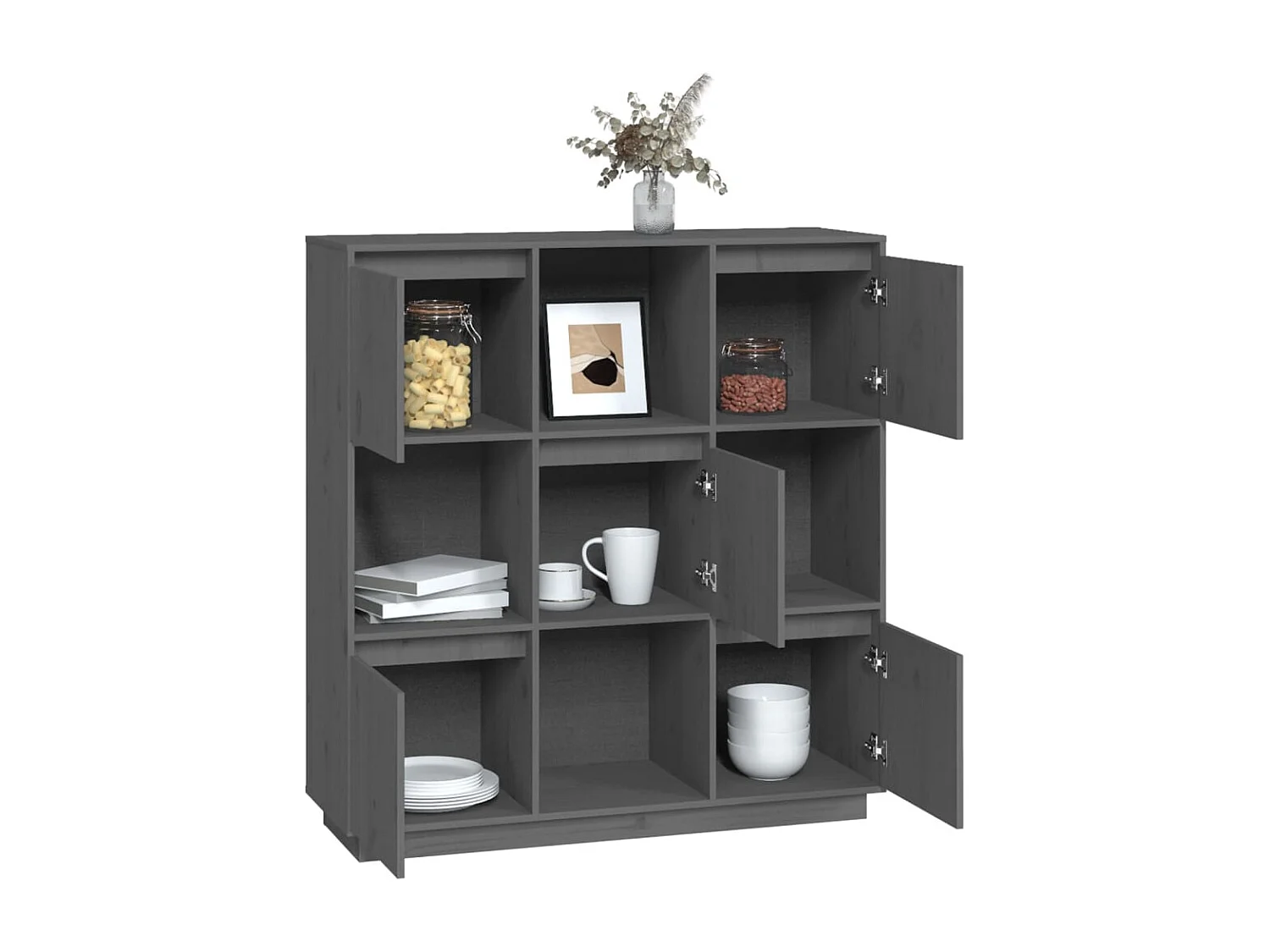 Credenza Grigia 110,5x35x117 cm in Legno Massello di Pino