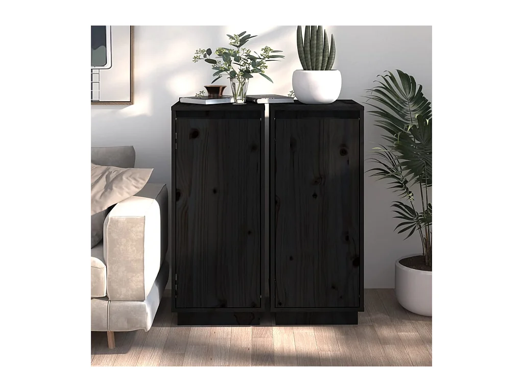 Credenze 2 pz Nere 31,5x34x75 cm in Legno Massello di Pino