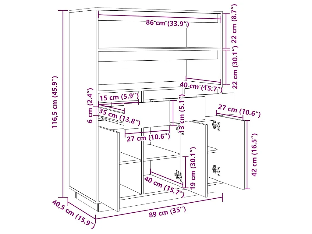 Buffet haut Marron miel 89x40x116,5 cm Bois massif de pin