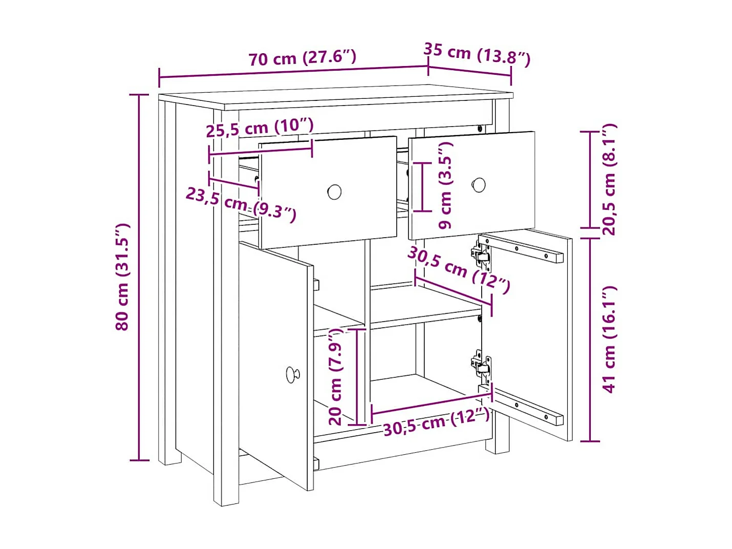 Dressoir 70x35x80 cm massief grenenhout