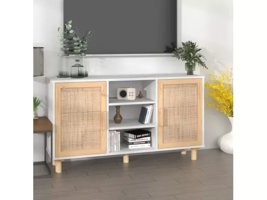 Kauf Unique Sideboard Weiß 105x30x60 cm Massivholz Kiefer und Natur-Rattan