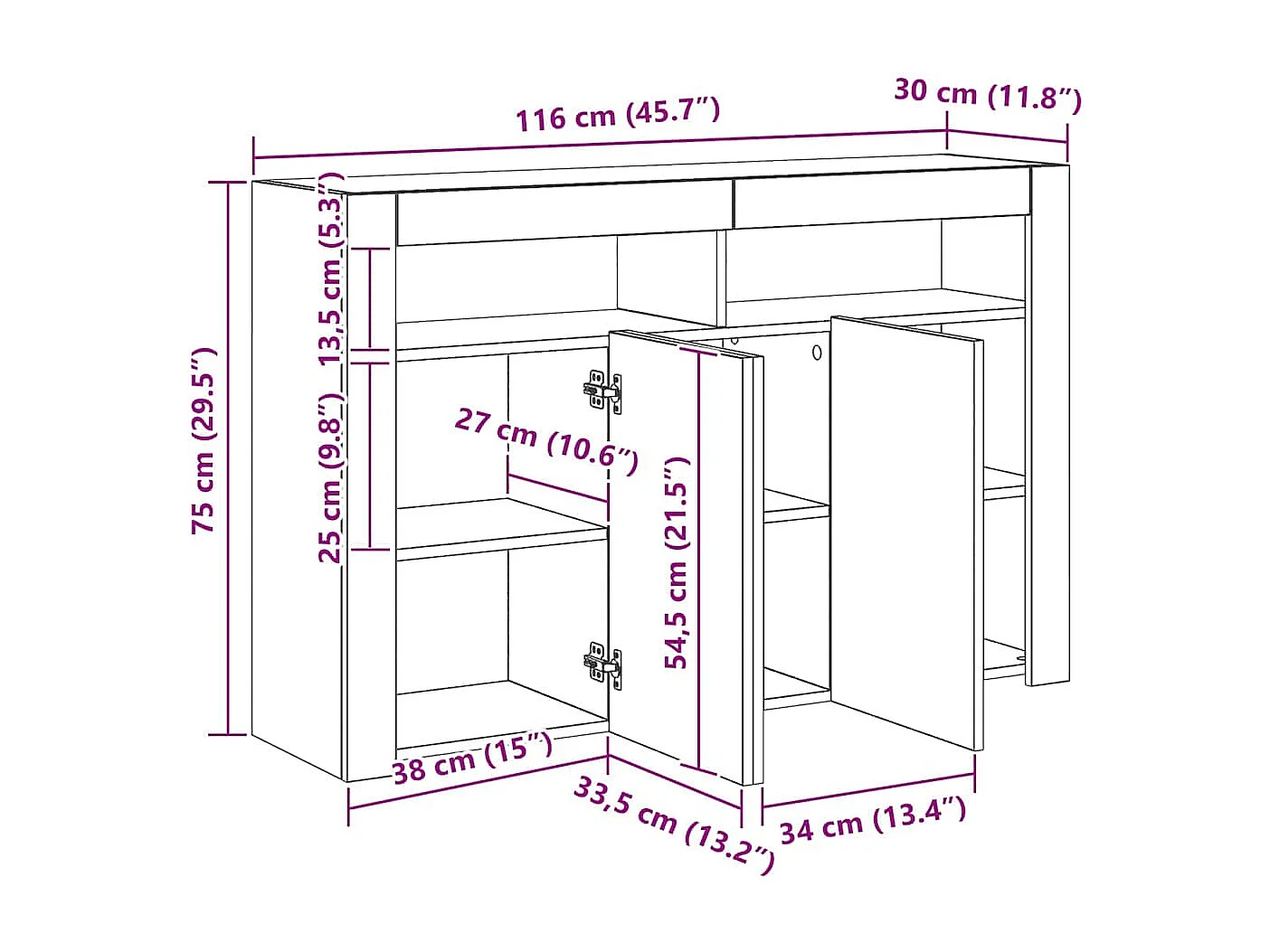 Buffet avec lumières LED noir 115,5x30x75 cm