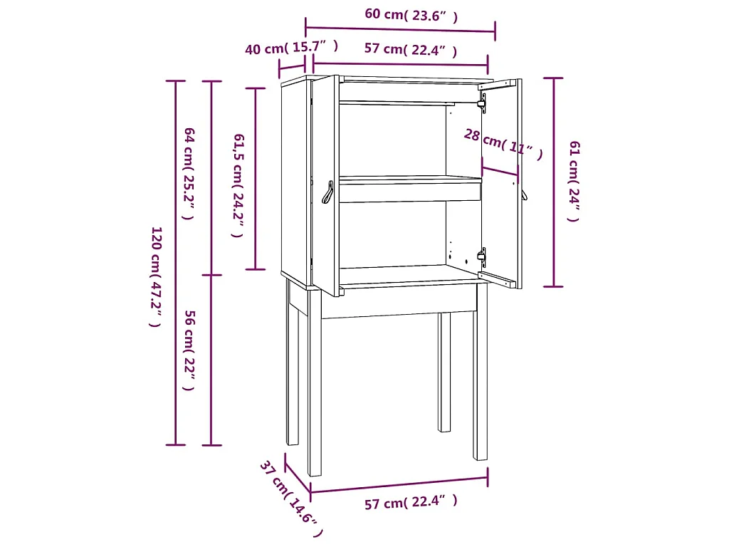 Buffet haut Noir 60x40x120 cm Bois massif de pin