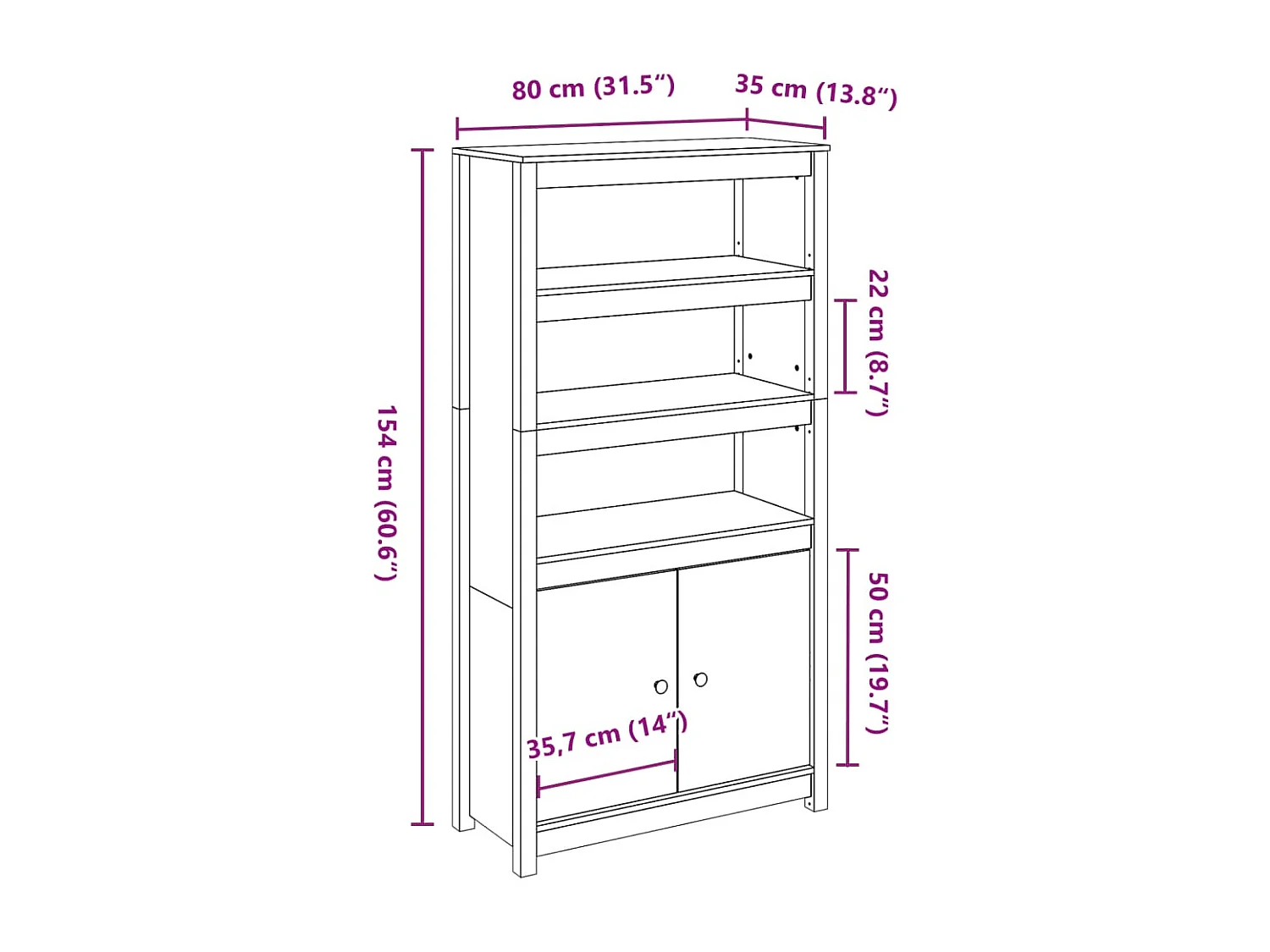 Highboard Grau 80x35x154 cm Massivholz Kiefer