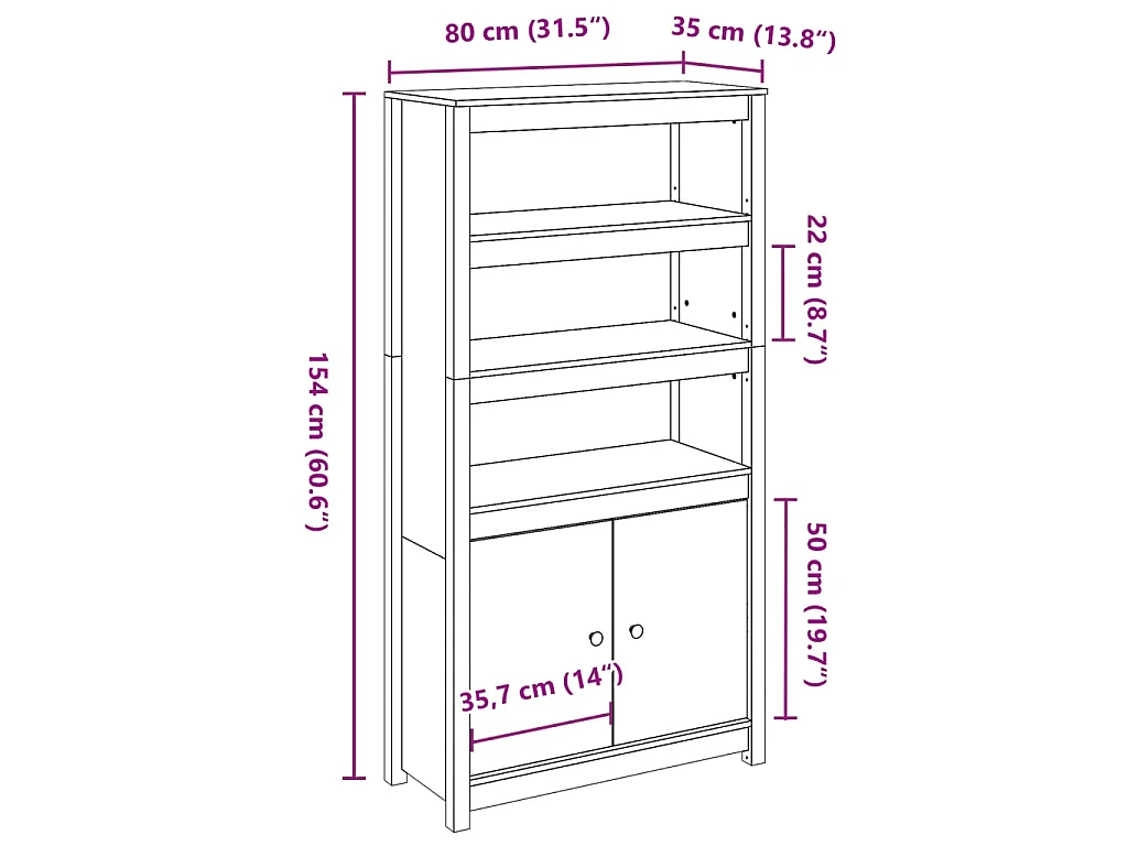 Buffet haut Gris 80x35x154 cm Bois massif de pin