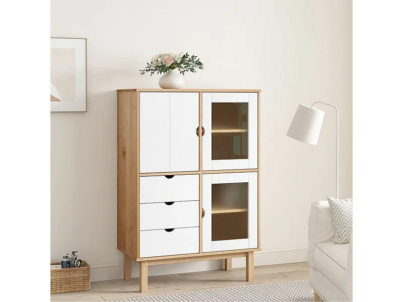 Hoge kast OTTA 85x43x125 cm massief grenenhout bruin en wit