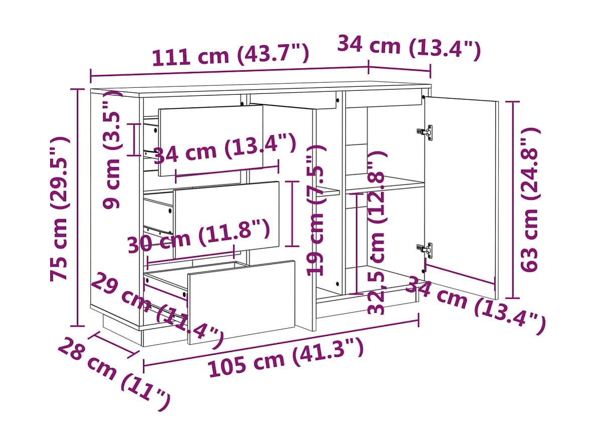Dressoir 111x34x75 cm massief grenenhout