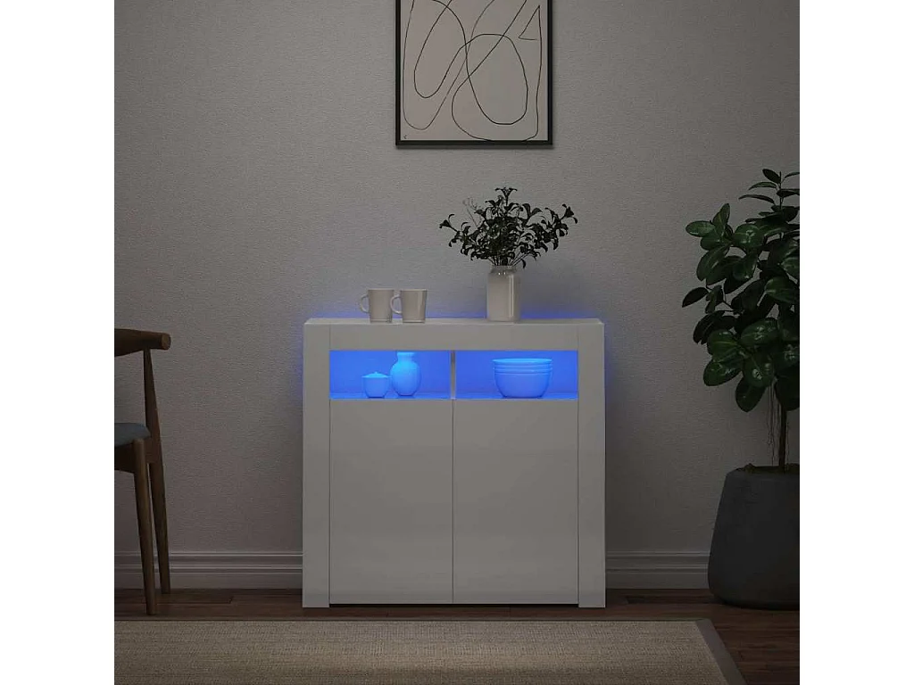 Buffet avec lumières LED blanc brillant 80x35x75 cm