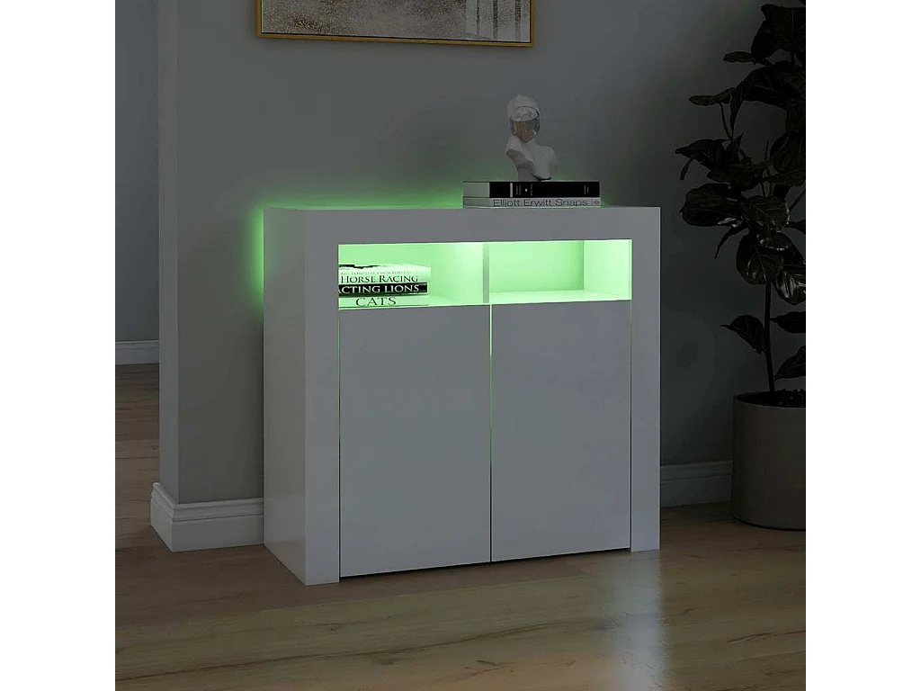 Buffet avec lumières LED blanc brillant 80x35x75 cm