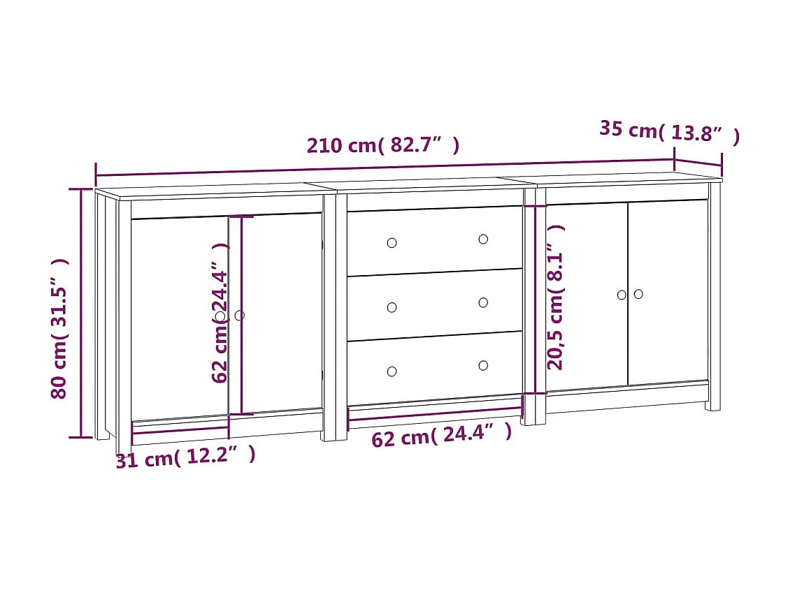 Sideboard Weiß 210x35x80 cm Massivholz Kiefer