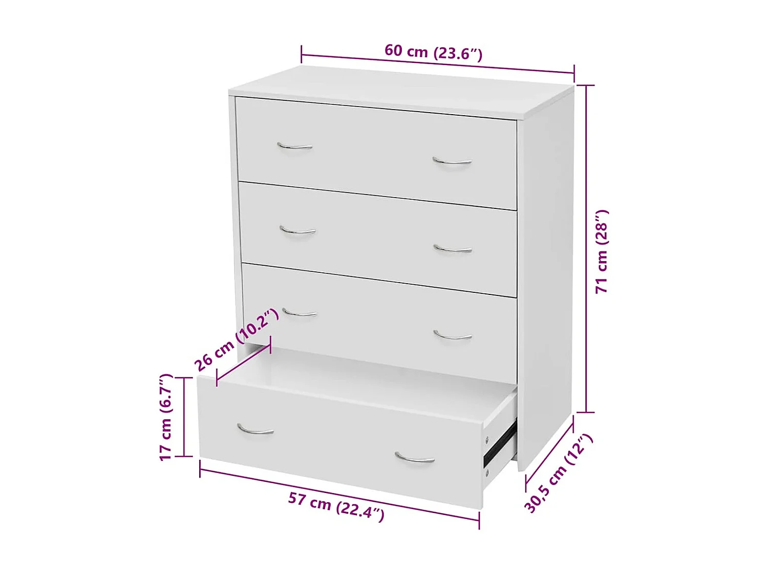 Credenza con 4 Cassetti 60x30,5x71 cm Bianca