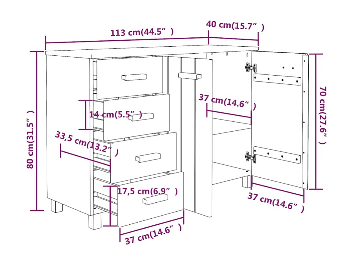 Buffet HAMAR Marron miel 113x40x80 cm Bois massif de pin