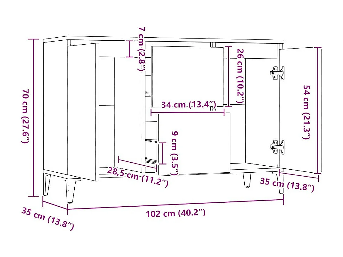 Credenza Grigio Cemento 102x35x70 cm in Legno Multistrato