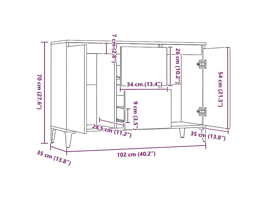 Dressoir 102x35x70 cm bewerkt hout betongrijs