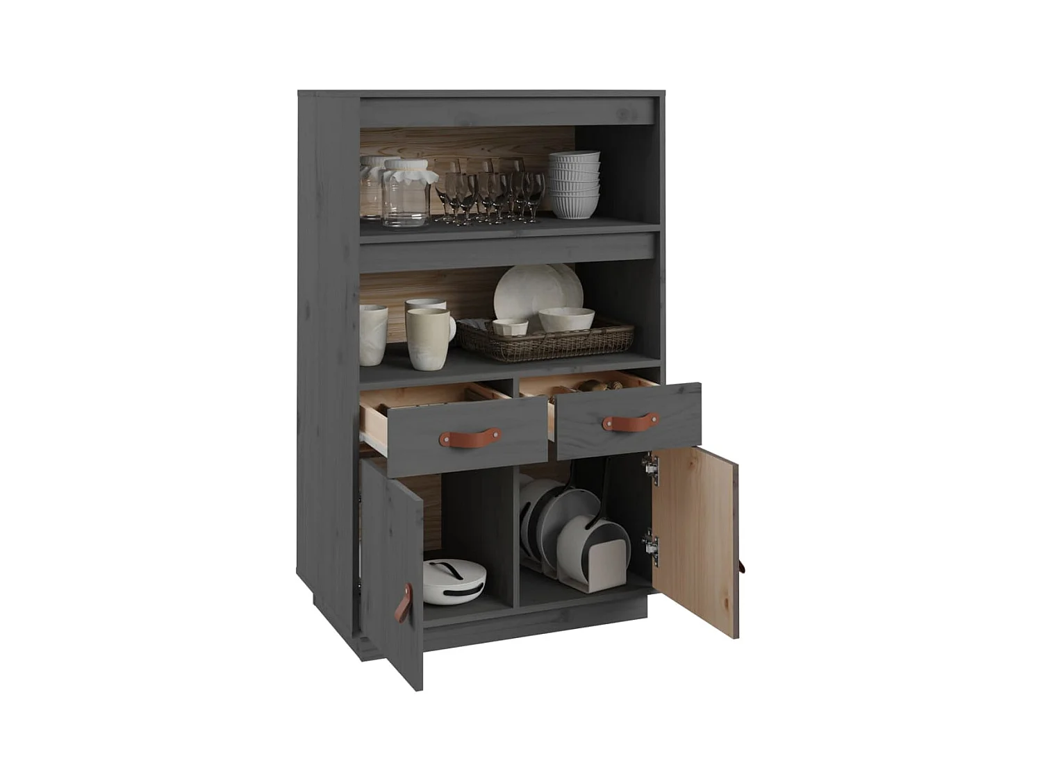 Highboard Grau 67x40x108,5 cm Massivholz Kiefer